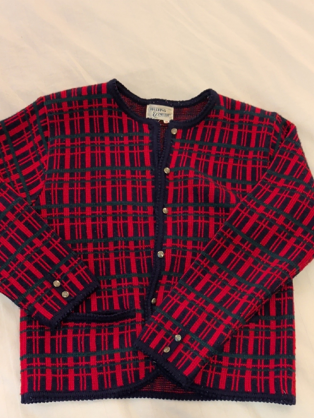 Hasting & Smith Red and Navy Plaid Knit Cardigan